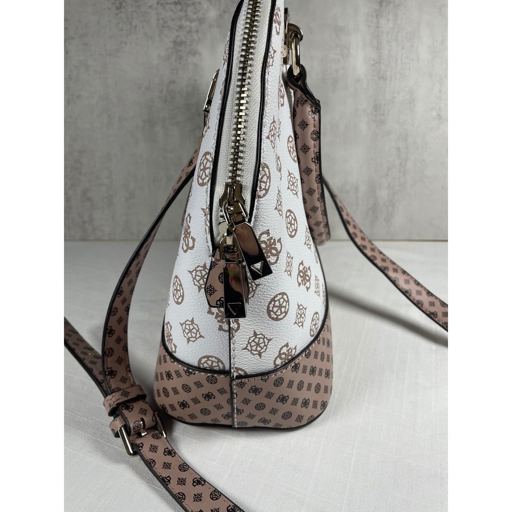 Guess Bella Vita Dome Satchel Handbag White Brown Logo Print Convertible Strap - Picture 11 of 15